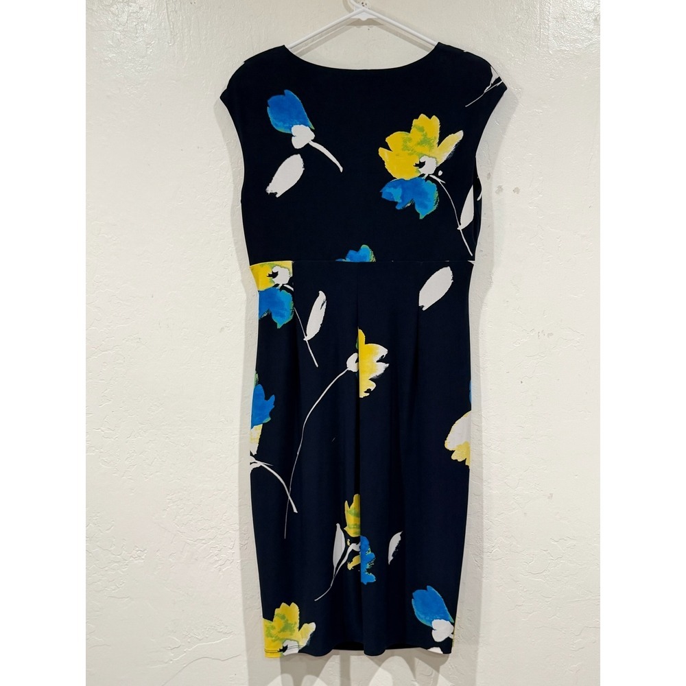 Lauren Ralph Lauren Navy Blue Floral Ruched V-Neck Sheath Dress Size 10 - Picture 3 of 6